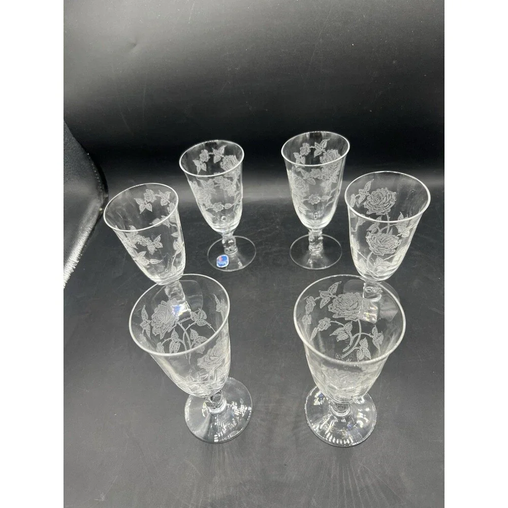 Heisey Rose Etched Crystal Water Goblets Set of 6 Vintage 5.5” Original Labels
